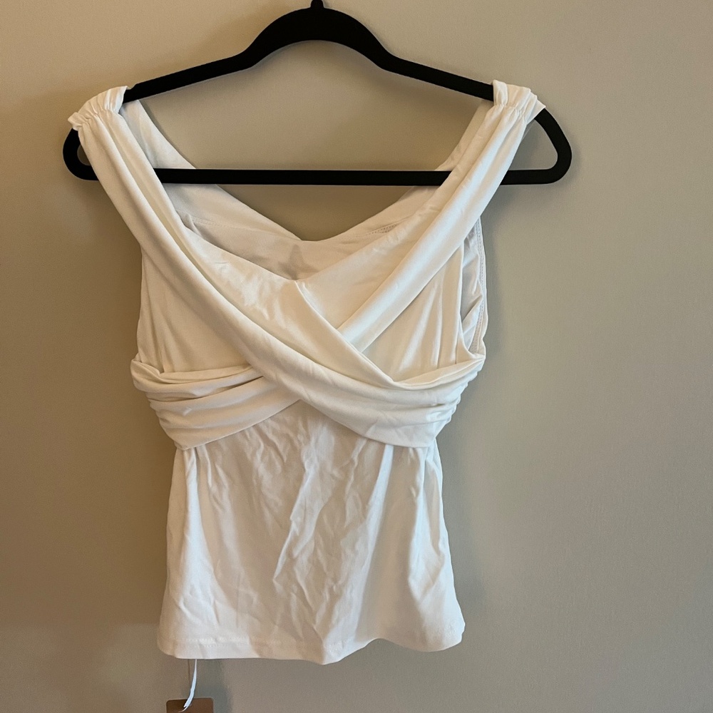 Criss Cross Off Shoulder New Airy Brami Top - Pure White - Picture 3 of 7